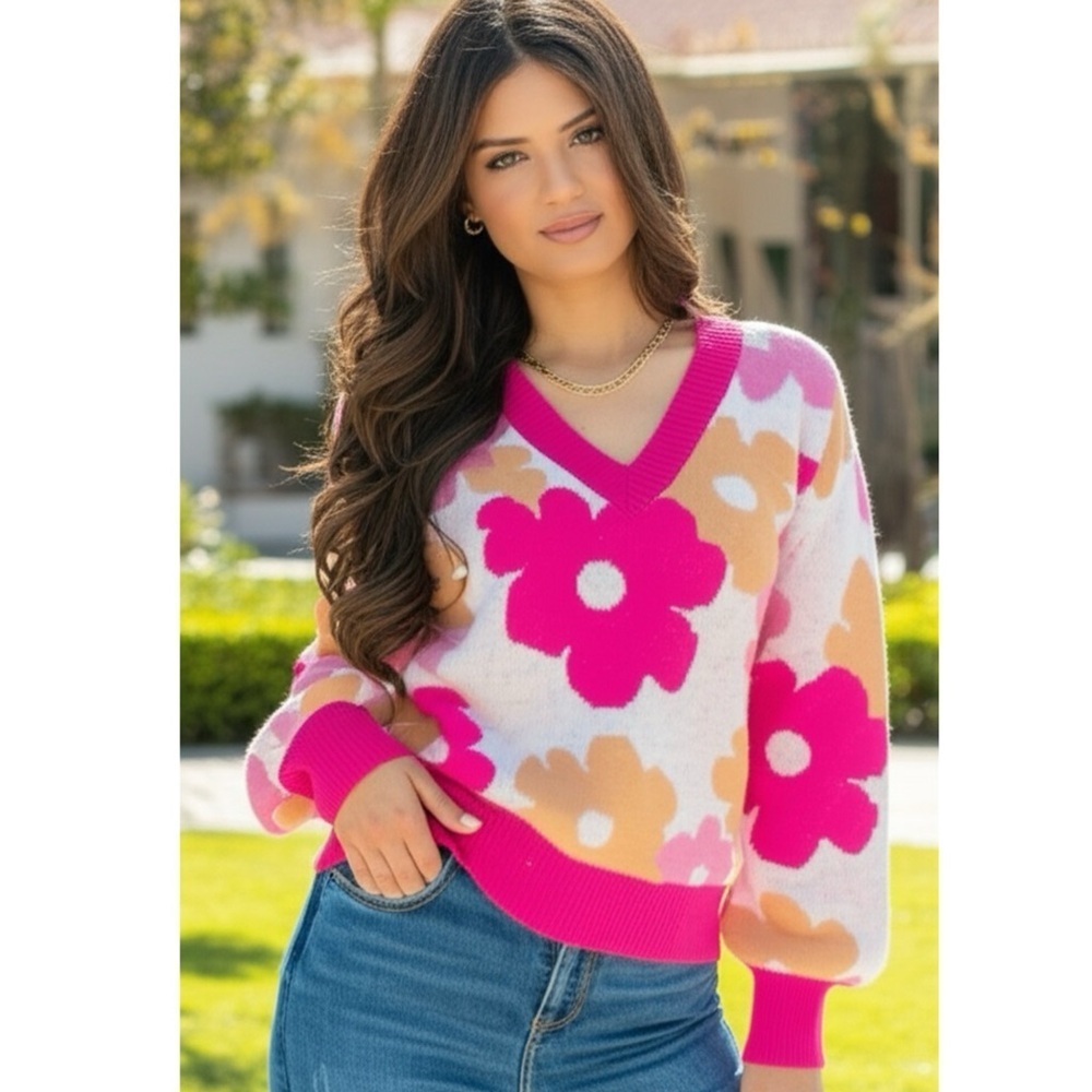 SOUTHERN GRACE Dazed For Days Floral V Neck Sweater in Pink Beige Small 4/6